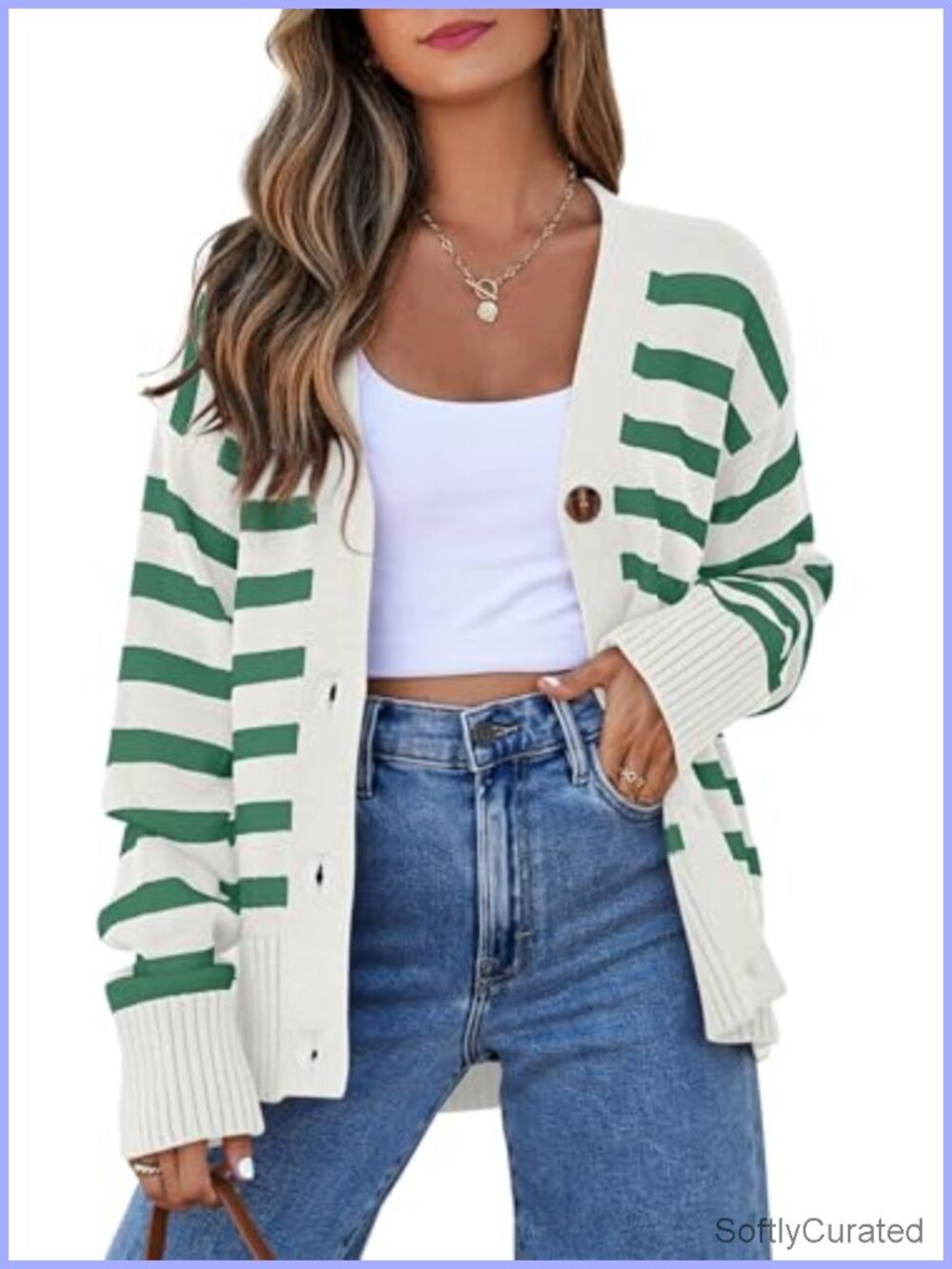 Striped Button Front Knit Cardigan V Neck Long Sleeve Sweater